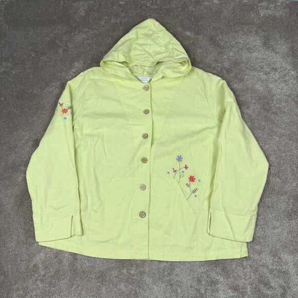 CJ Banks Blouse Linen Hooded Size X 14W Green NWT Floral Embroidered Button Up - Picture 1 of 6